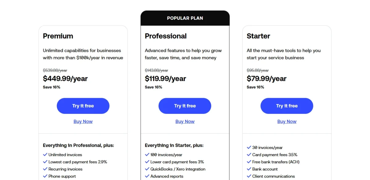 Invoice2go pricing page