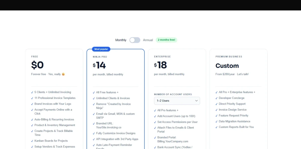 Invoice Ninja pricing page