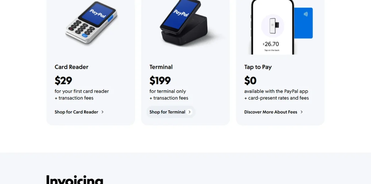 PayPal Invoicing pricing page, Invoicing tab