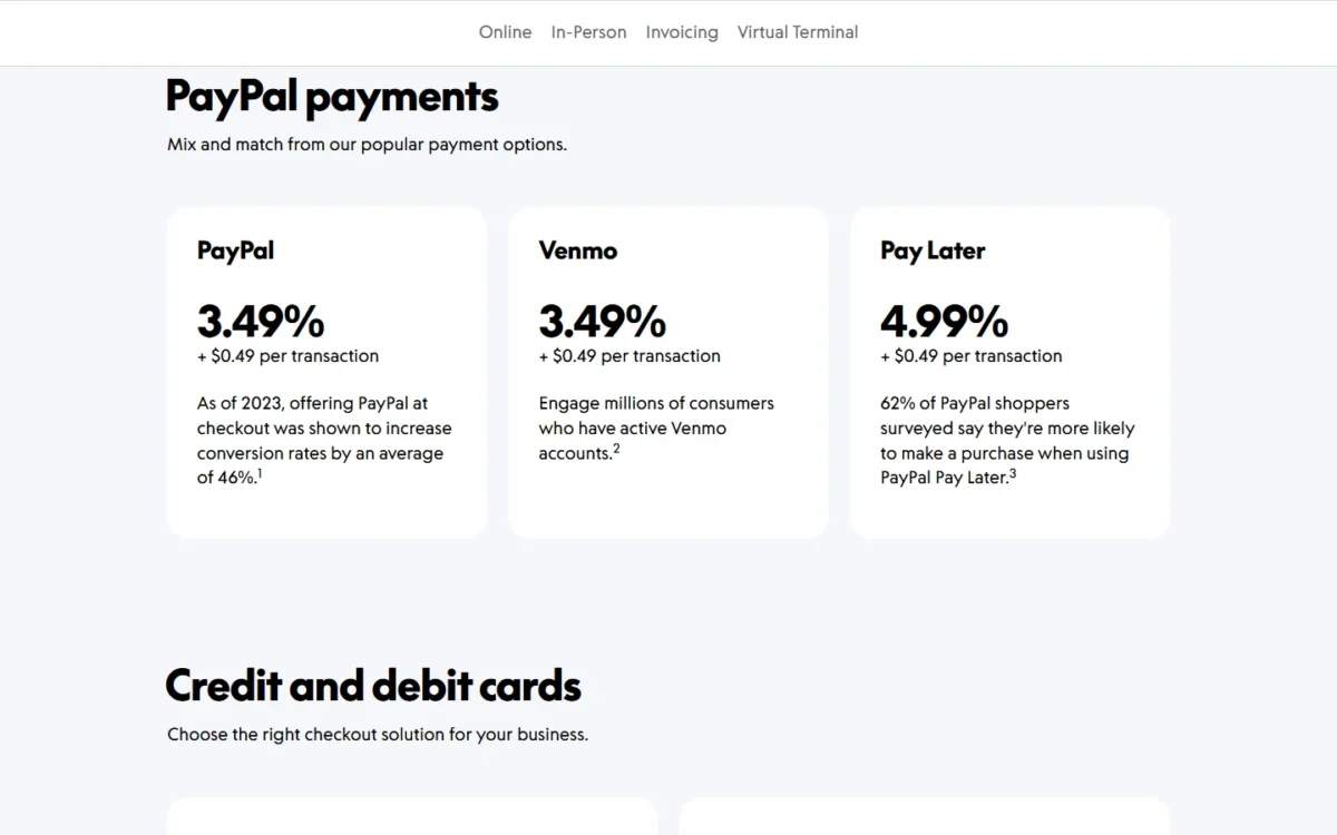 PayPal US pricing page