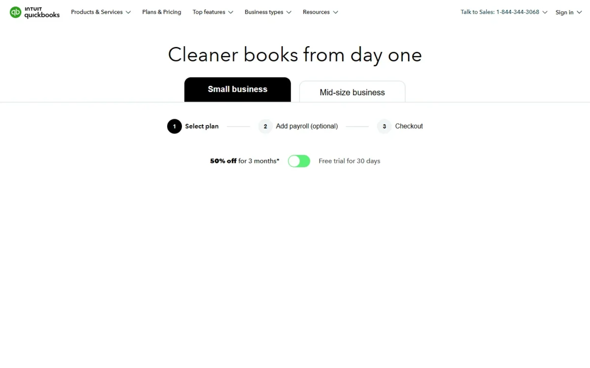 QuickBooks pricing page