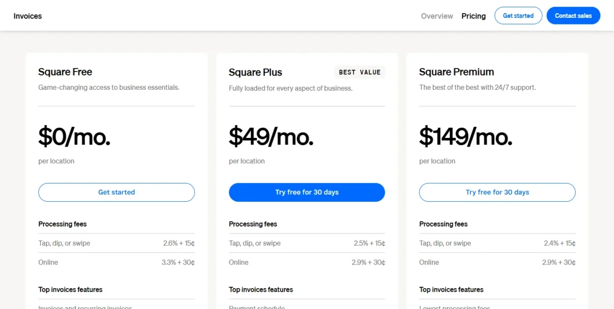 Square pricing page
