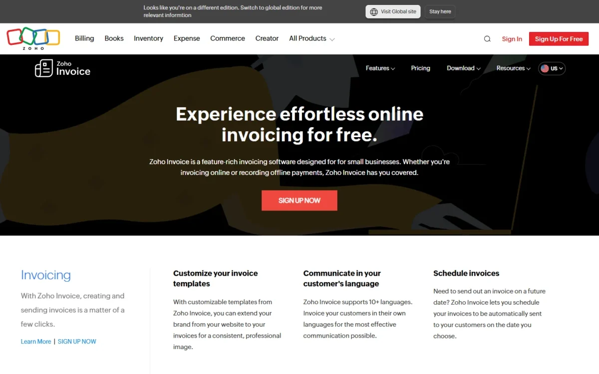 Zoho Invoice features page