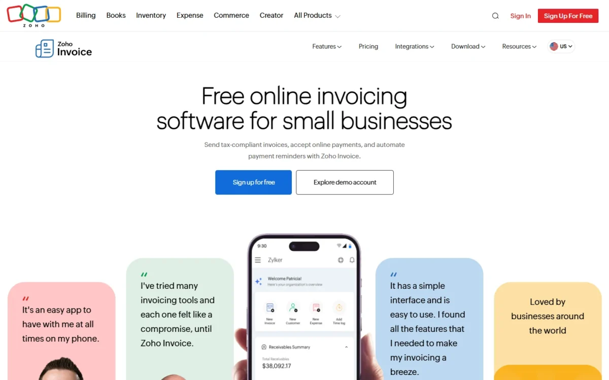 Zoho Invoice homepage