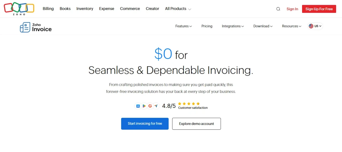 Zoho Invoice pricing page