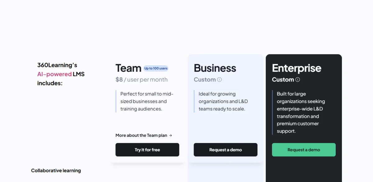 360Learning pricing page showing the Team, Business and Enterprise plans