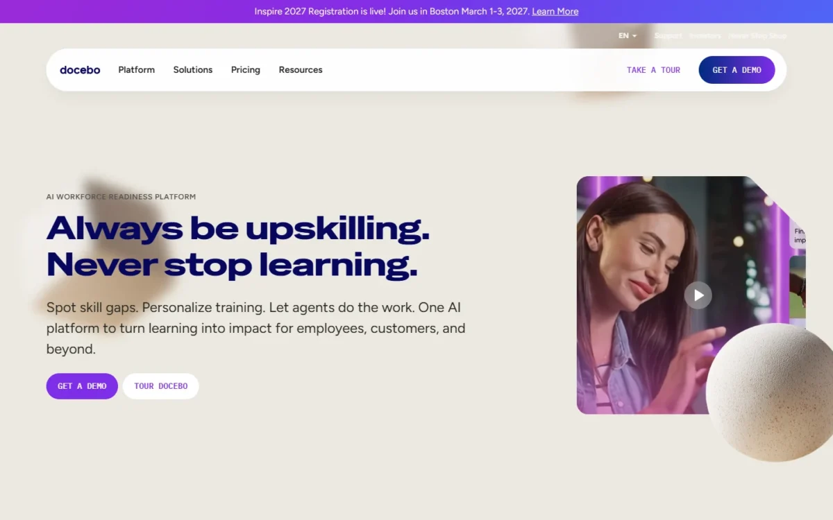 Docebo homepage, first screen