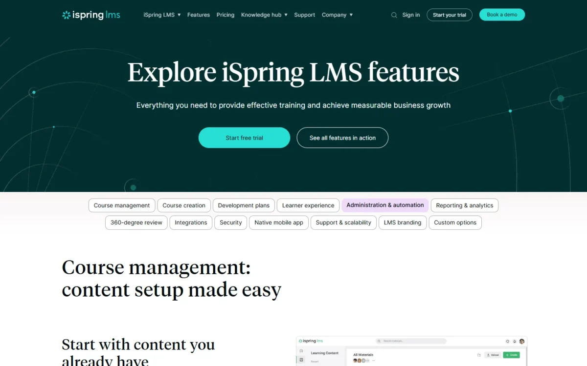 iSpring LMS features page, first screen