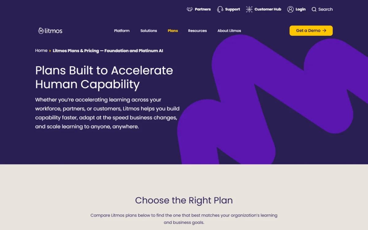 Litmos plans and pricing page, first screen