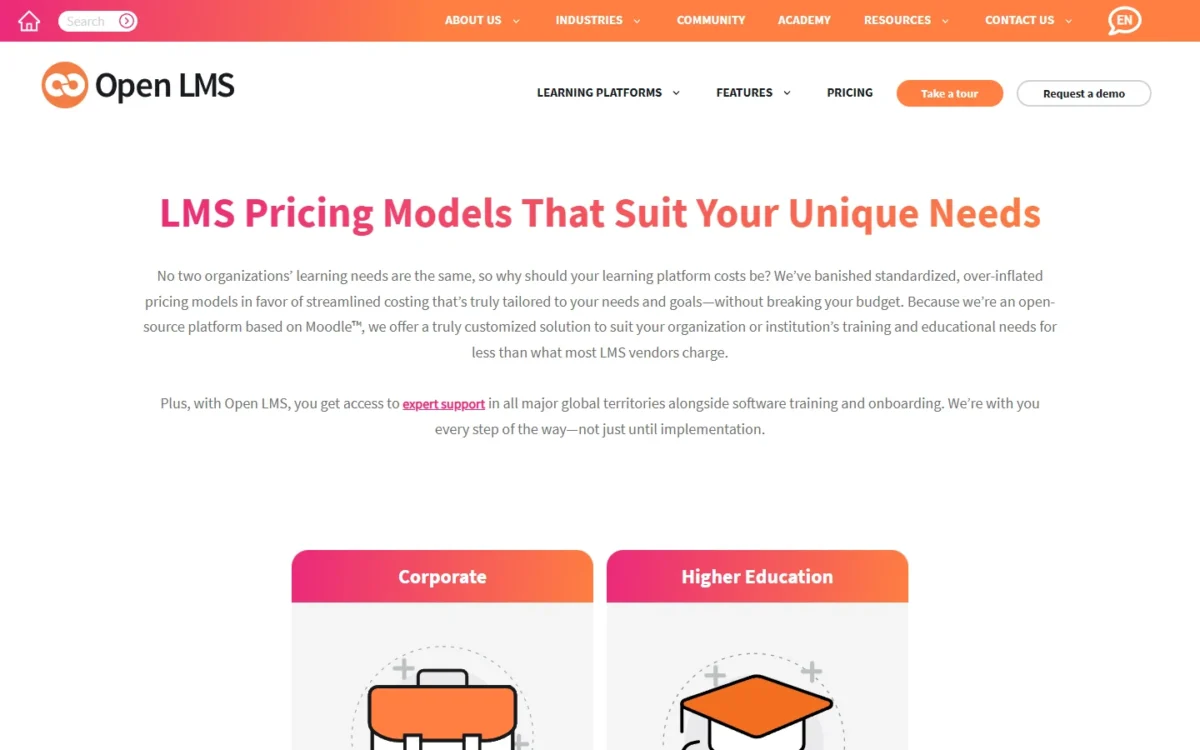 Open LMS pricing page with the Corporate and Higher Education plans