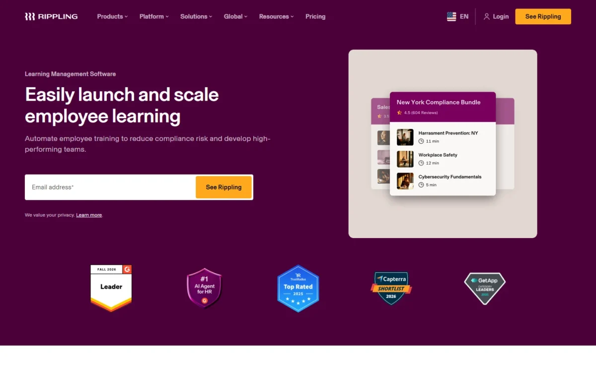 Rippling LMS homepage, first screen