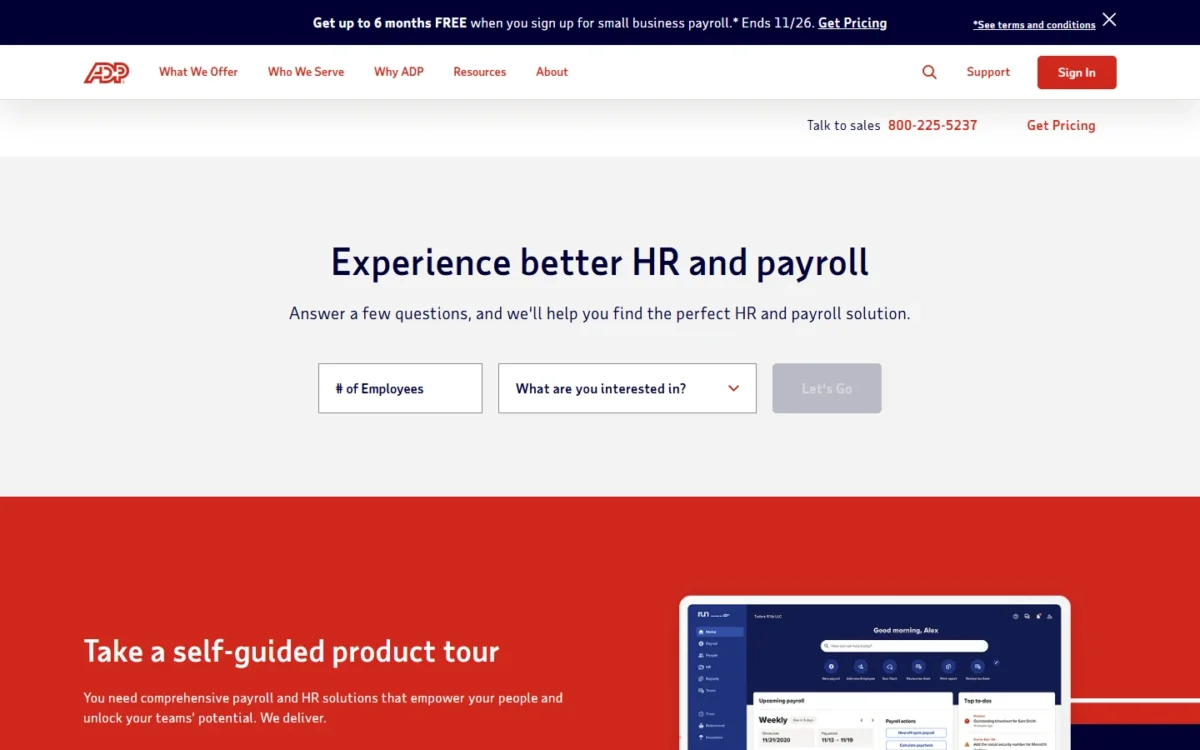 ADP homepage, first screen