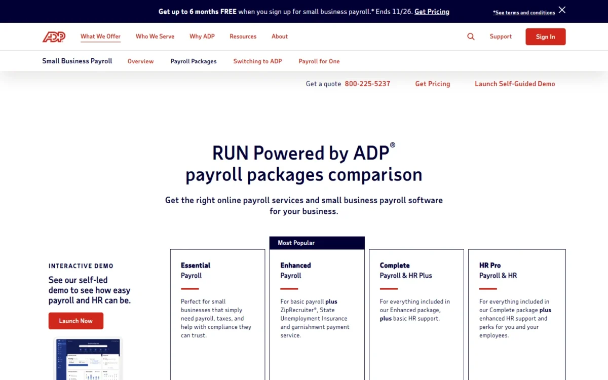 RUN Powered by ADP packages page with Essential, Enhanced, Complete and HR Pro