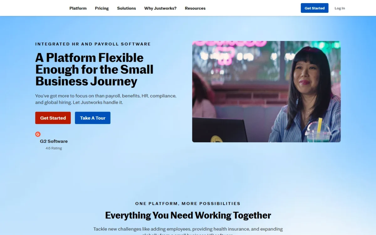 Justworks homepage, first screen
