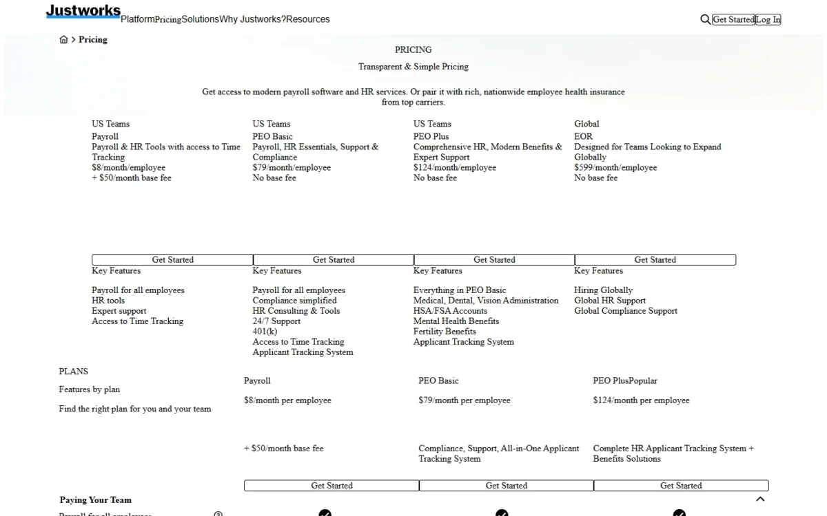 Justworks pricing page with the Payroll, PEO Basic, PEO Plus and EOR plan prices