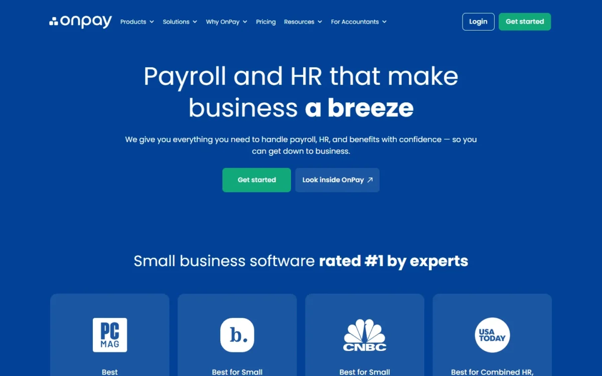 OnPay homepage, first screen