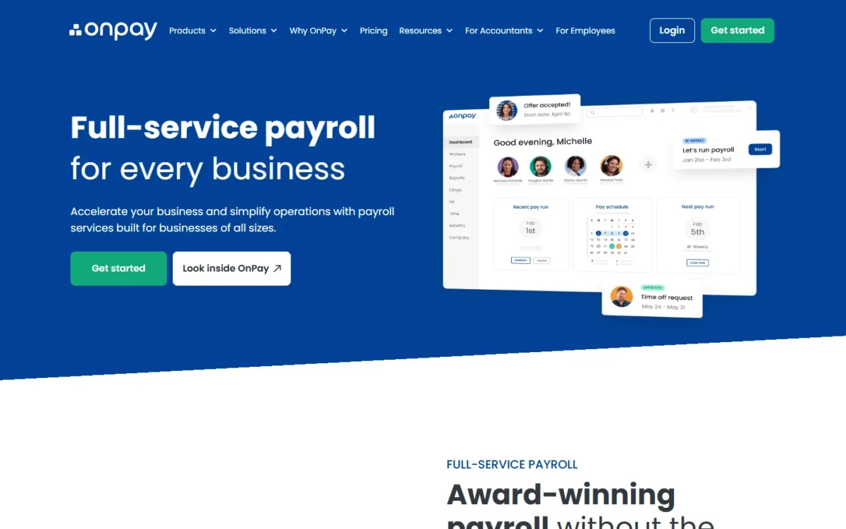 OnPay full-service payroll page with its payroll dashboard