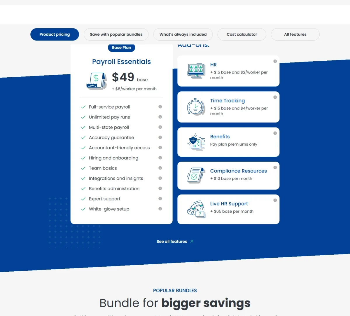 OnPay pricing page with Payroll Essentials and its add-ons