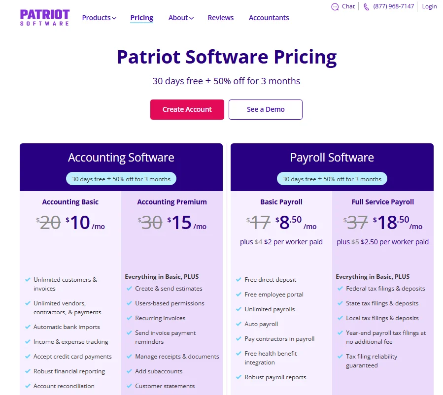 Patriot Payroll pricing page
