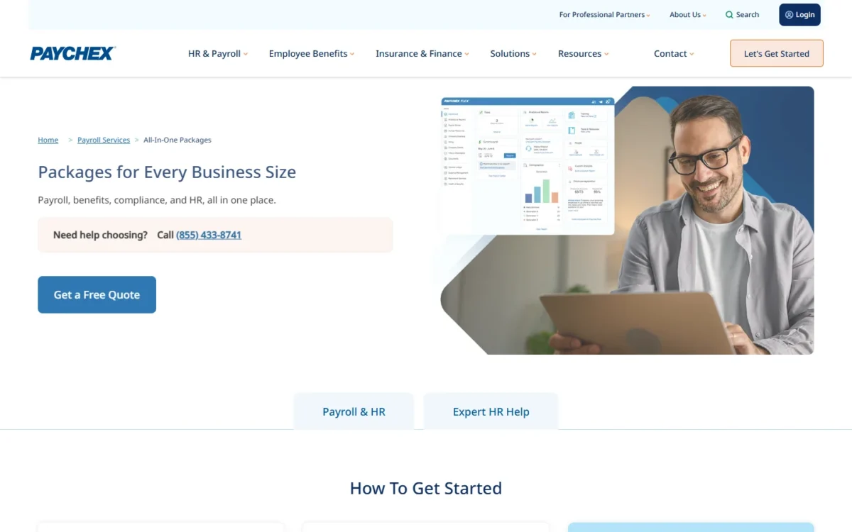 Paychex payroll packages page with a Get a Free Quote button