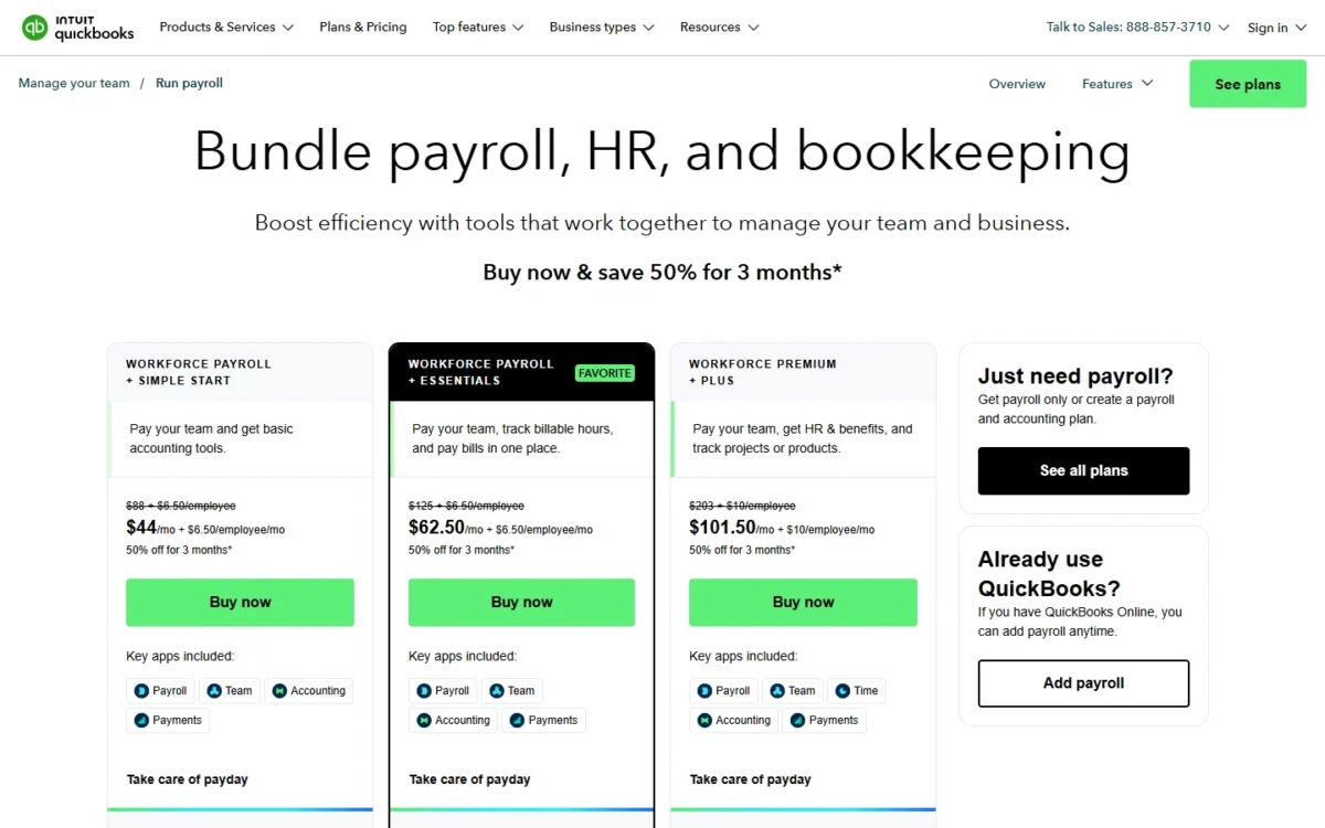 QuickBooks payroll pricing page with payroll and accounting bundles