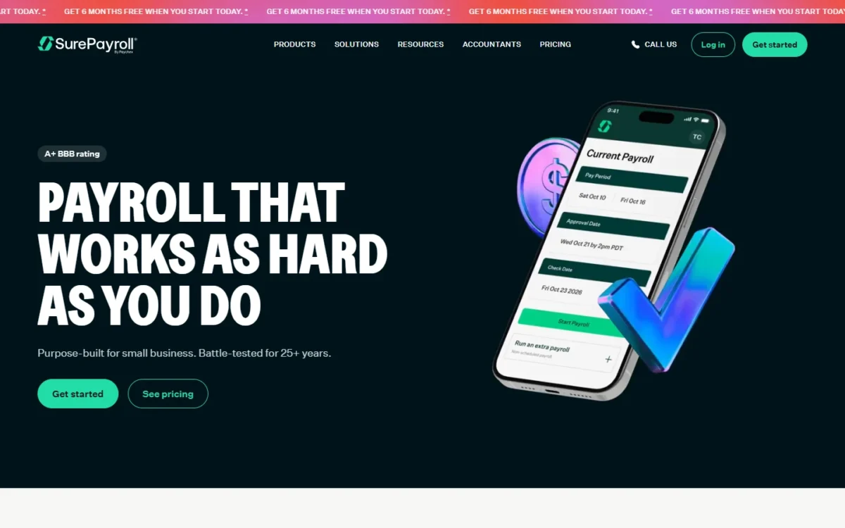 SurePayroll homepage, first screen