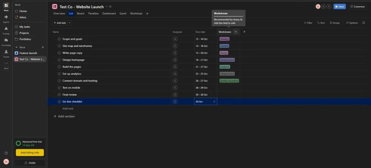 Asana List view with 10 tasks, date ranges and an AI-suggested Workstream column with the tooltip Recommended by Asana AI