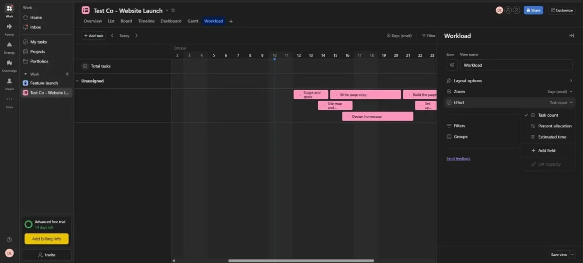 Asana Workload view with the Effort menu open: Task count, Percent allocation, Estimated time, and Set capacity greyed
