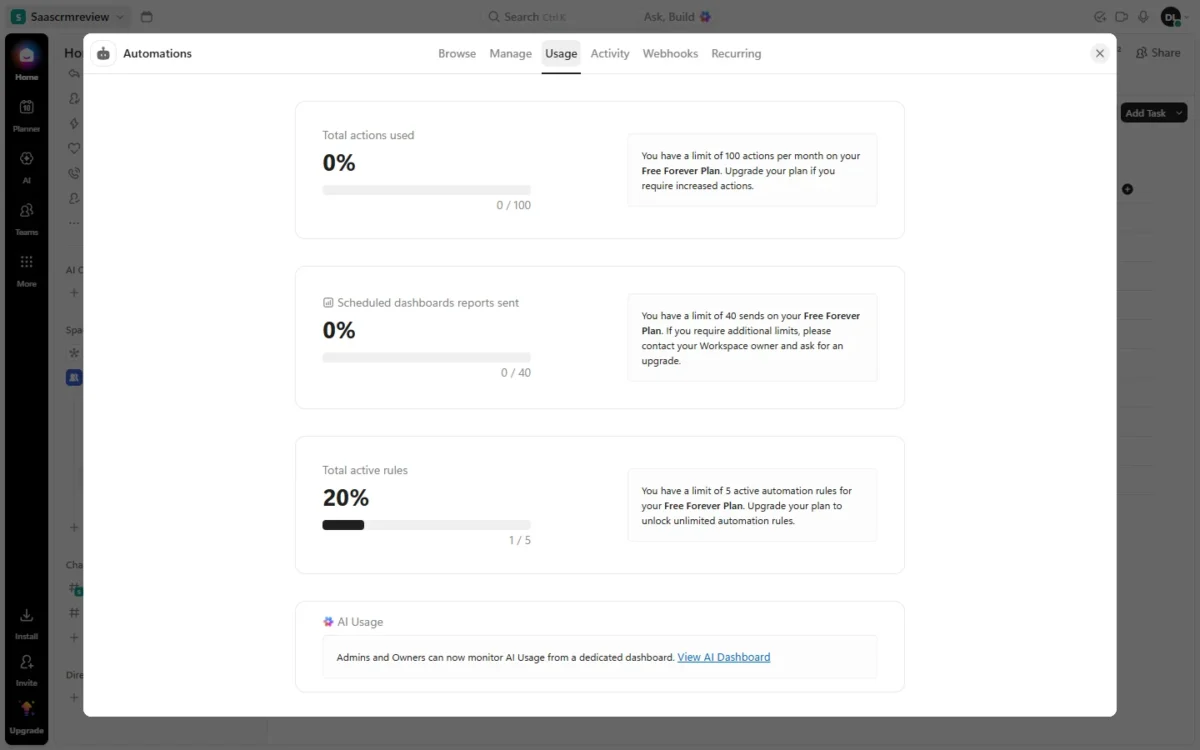 ClickUp Automations Usage tab showing 0 of 100 actions used and 1 of 5 active rules on the Free Forever Plan