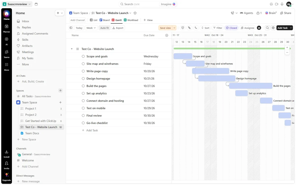 ClickUp Gantt view fitted to show all 10 tasks of Test Co - Website Launch with 3 dependency arrows