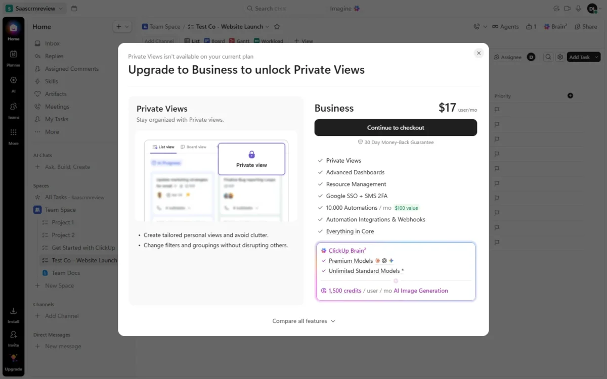 ClickUp dialog saying Private Views isn't available on your current plan, with Business at $17 per user per month and a Continue to checkout button