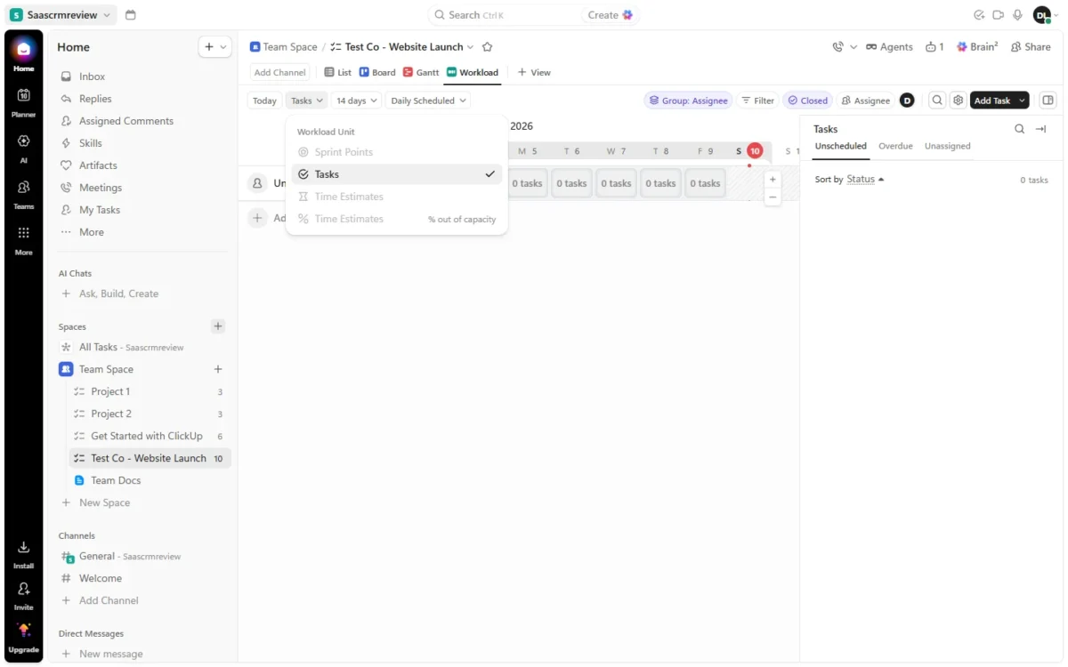 ClickUp Workload view with the unit menu open: Tasks selected, Sprint Points and Time Estimates greyed