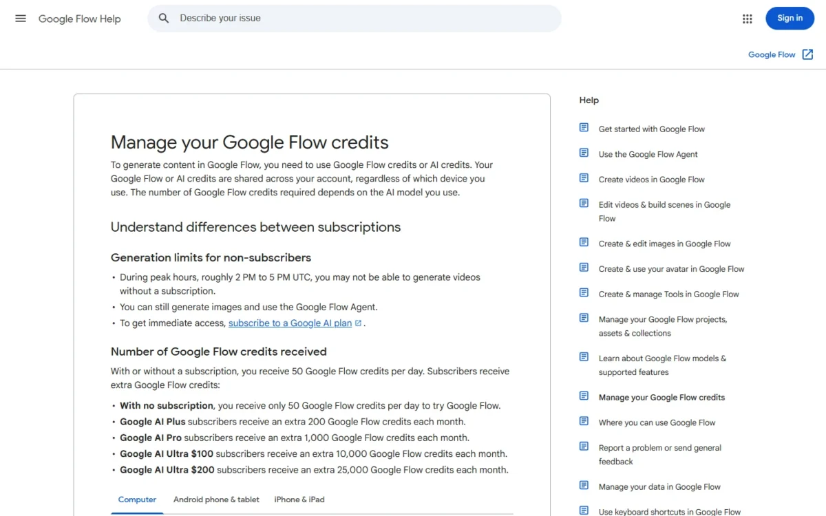 Google Flow help page listing the Flow credits each plan receives