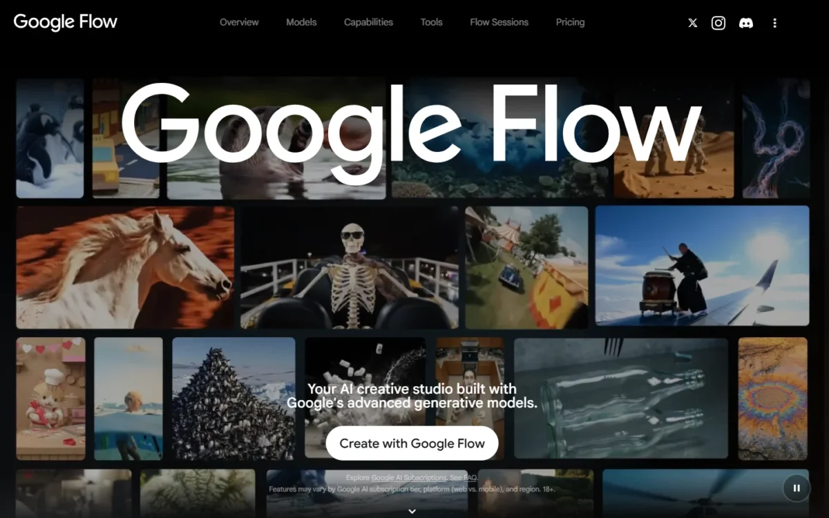 Google Flow homepage, first screen