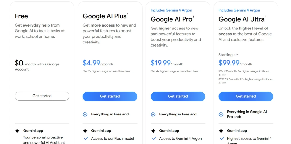 Google AI plans page with Free, Google AI Plus, Google AI Pro and Google AI Ultra
