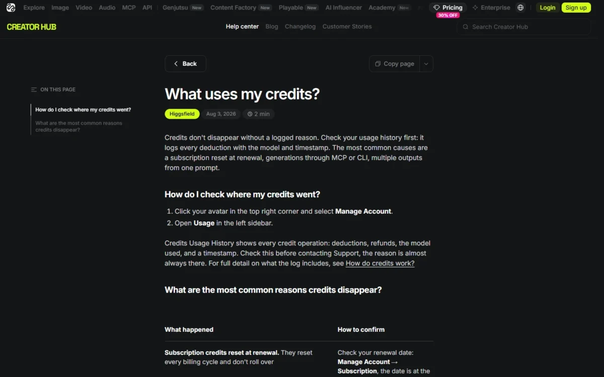 Higgsfield help page titled What uses my credits, listing the common reasons a balance drops