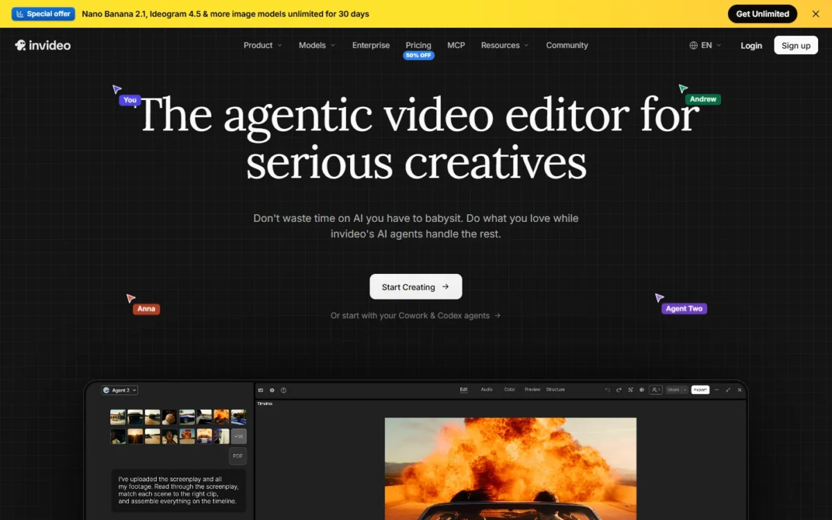 InVideo AI homepage, first screen