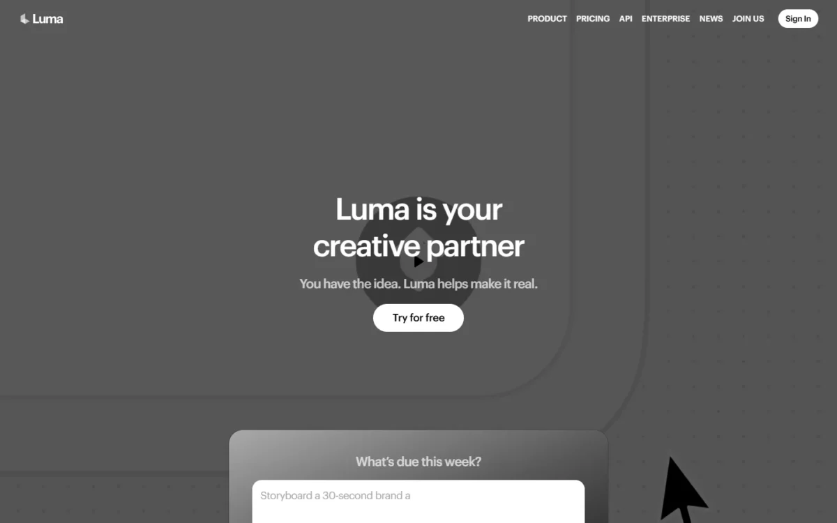 Luma homepage, first screen