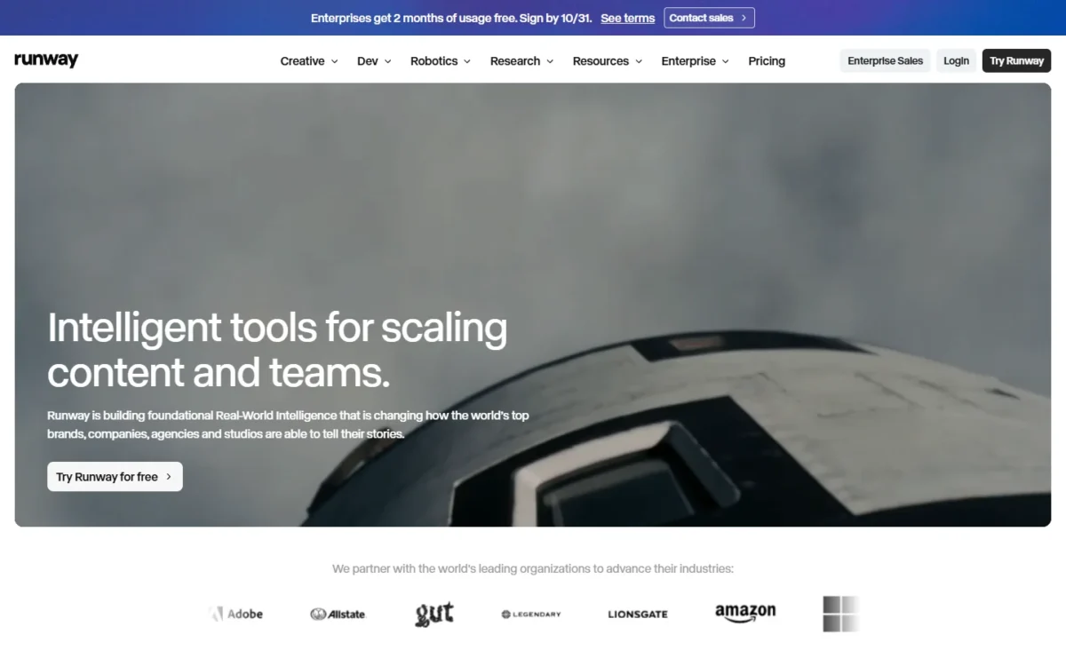 Runway homepage, first screen