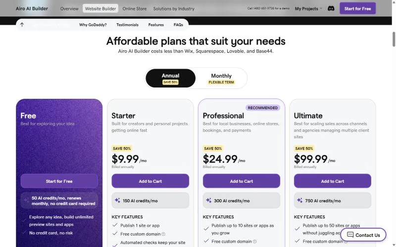 GoDaddy Airo pricing page with the Free, Starter, Professional and Ultimate plans
