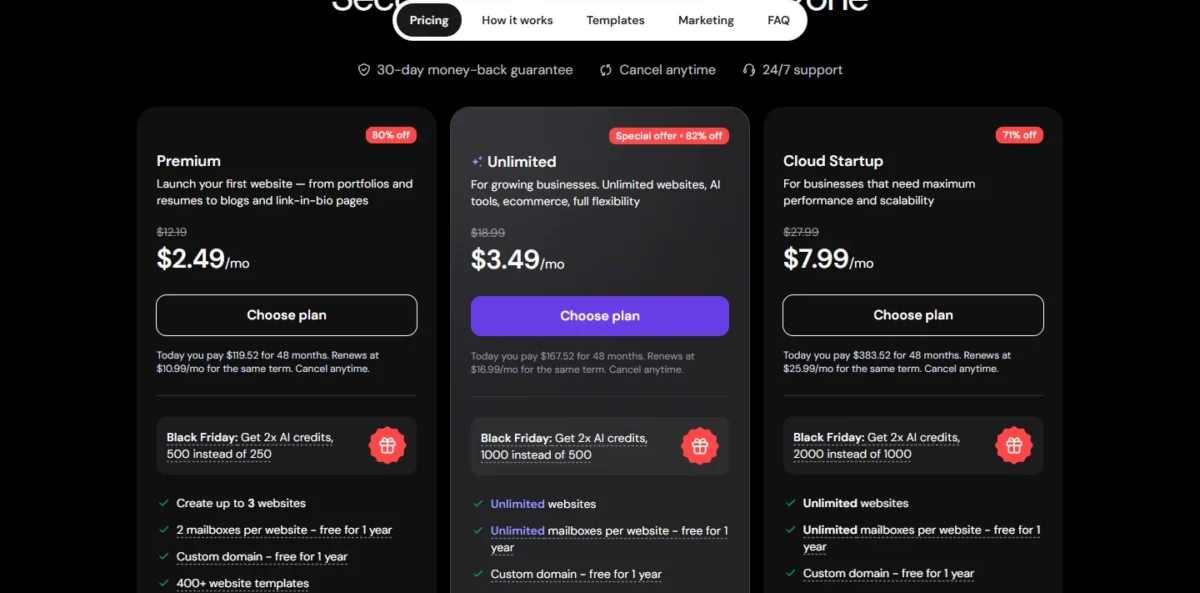 Hostinger Website Builder plan cards with 48-month prices
