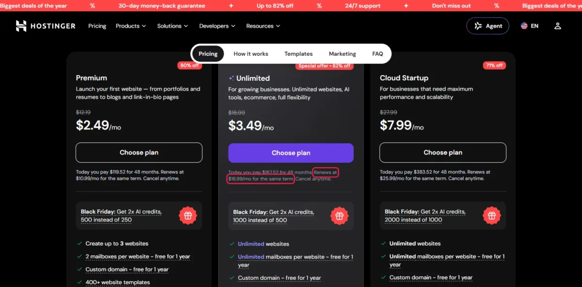 Hostinger plan card with the Unlimited renewal rate outlined