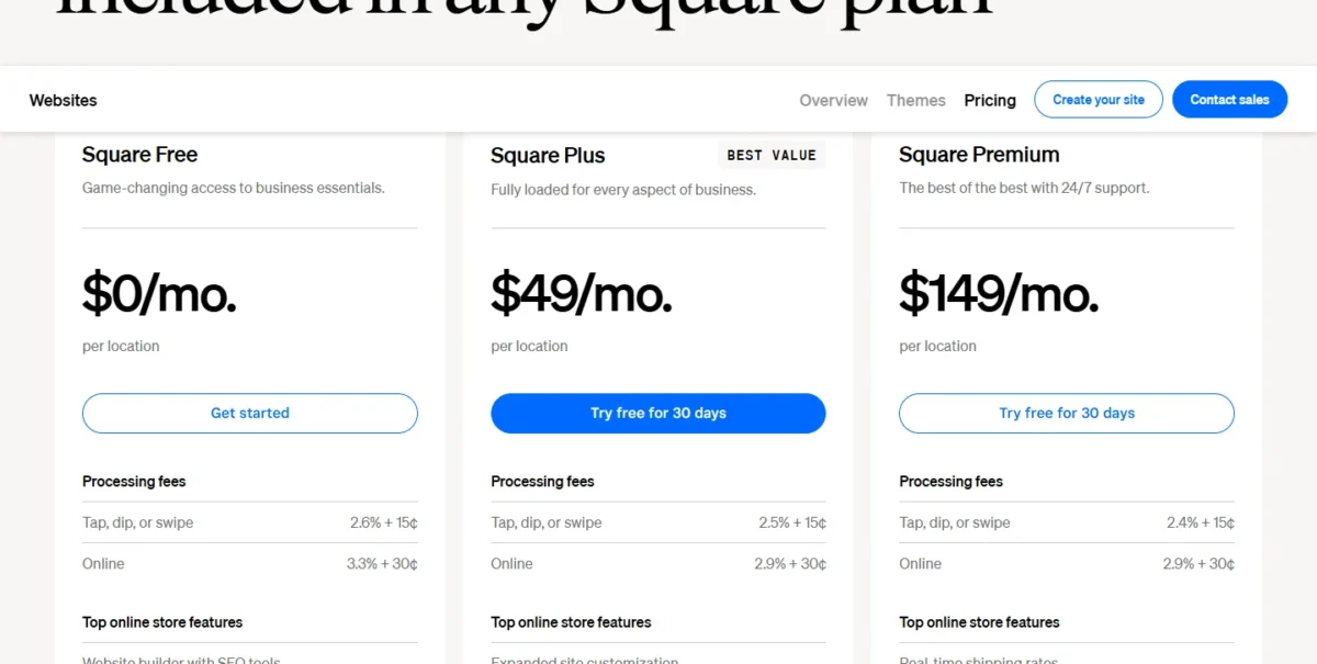 Square Online plans page with Free, Plus and Premium