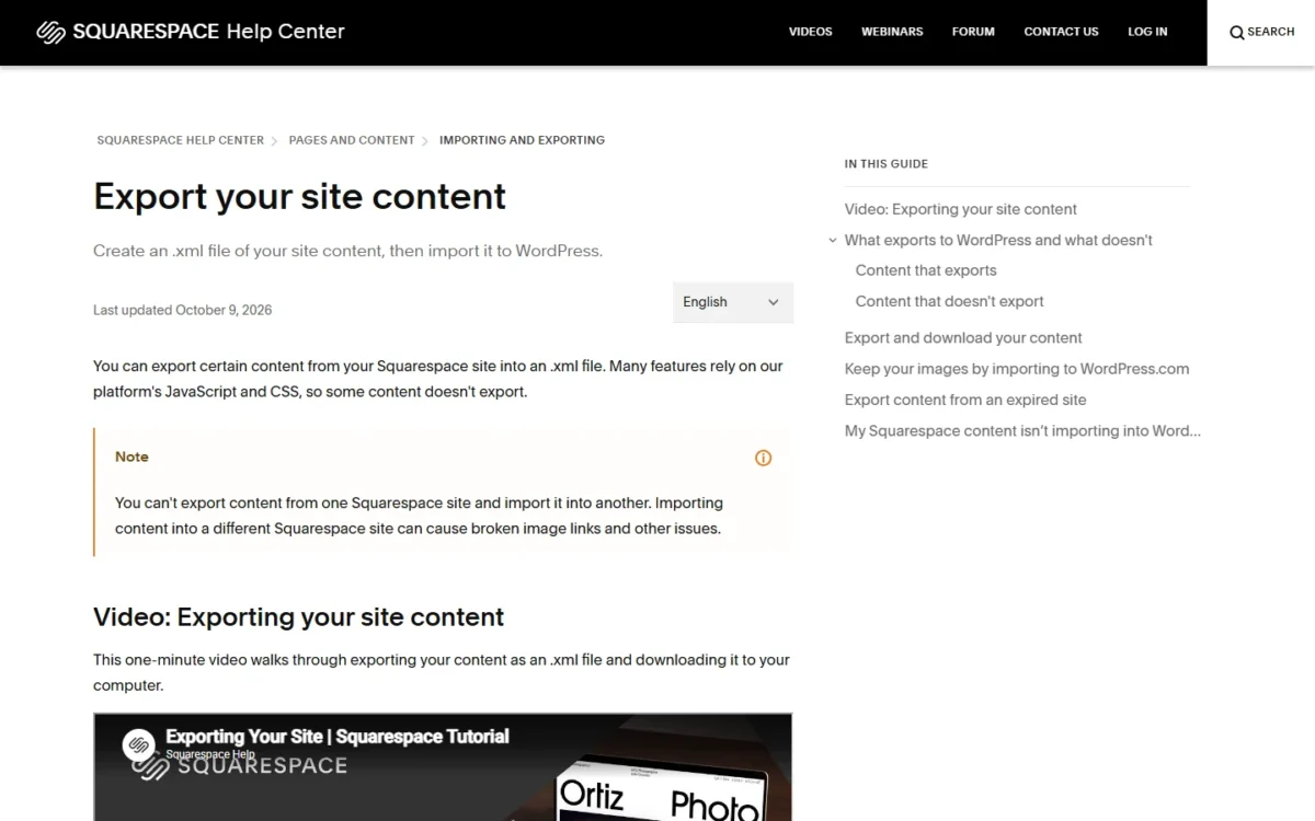 Squarespace help article on exporting site content