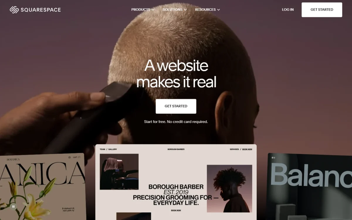 Squarespace homepage, first screen