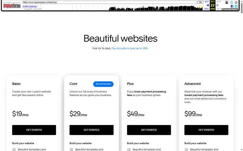 Squarespace pricing page with the Basic, Core, Plus and Advanced plans