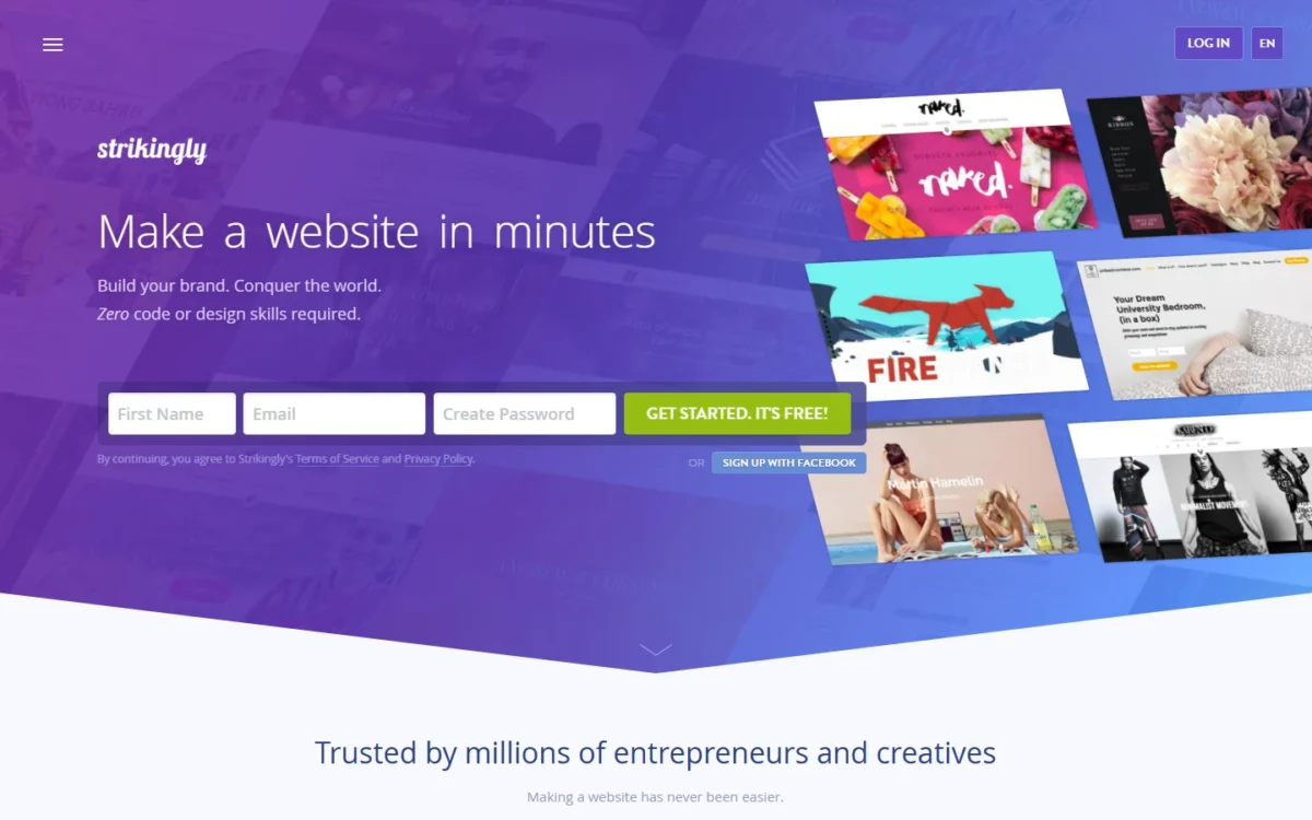 Strikingly homepage, first screen