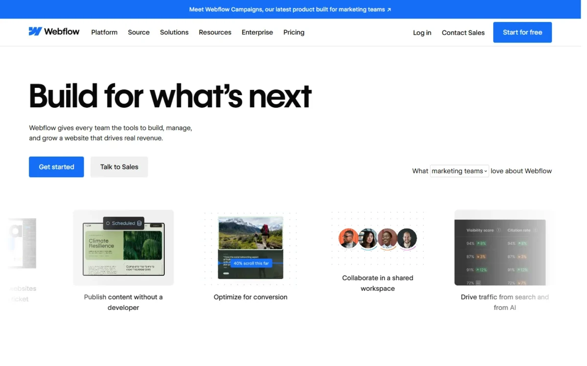 Webflow homepage, first screen