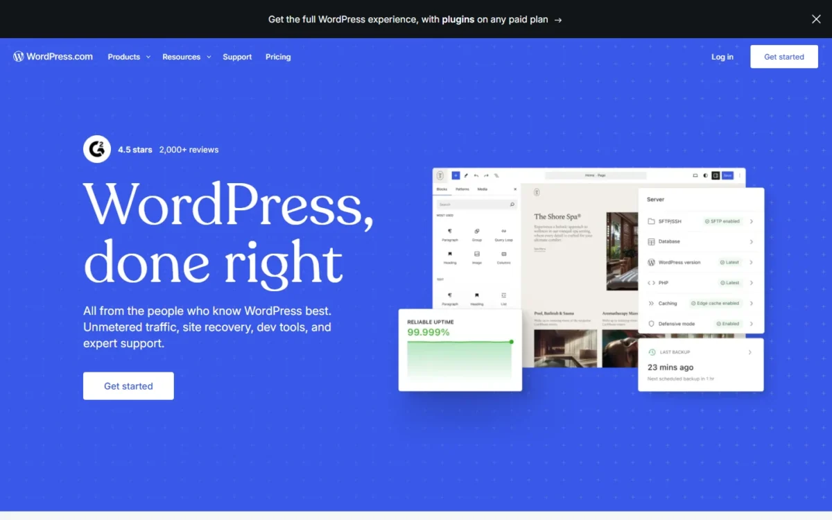WordPress.com homepage, first screen