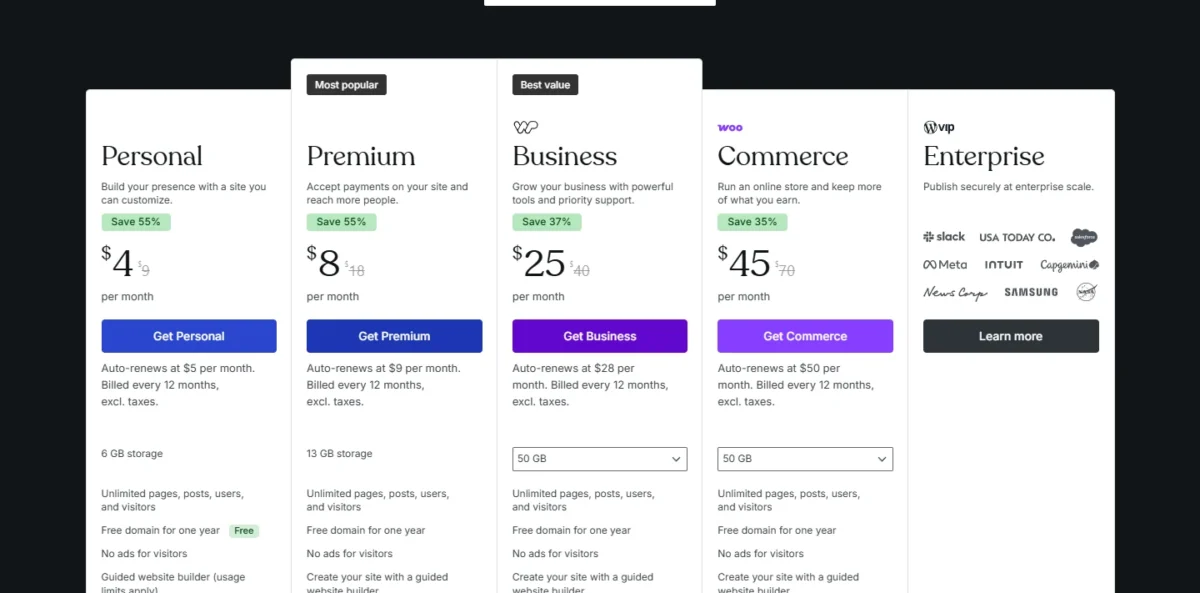 WordPress.com pricing page with the paid plans